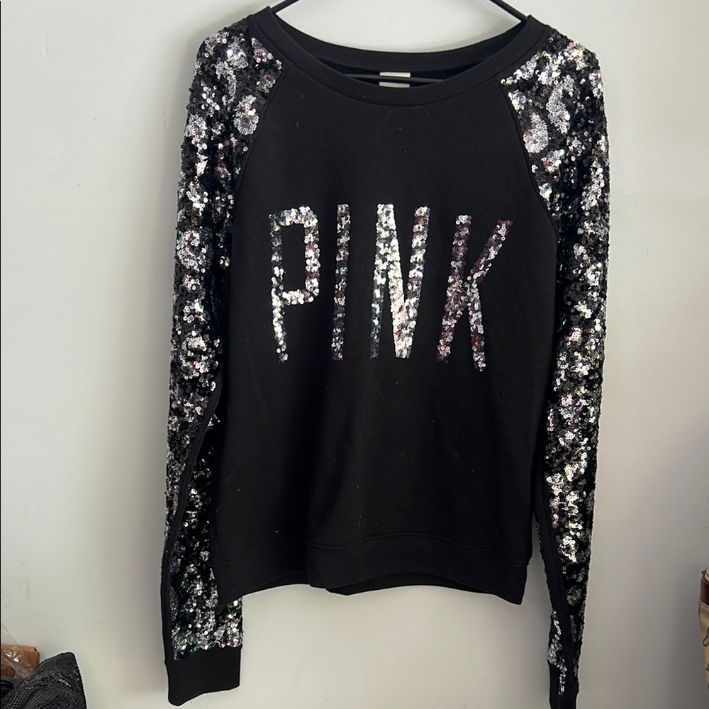 PINK Victoria's Secret Black Sequin Crew Neck Sweatshirt